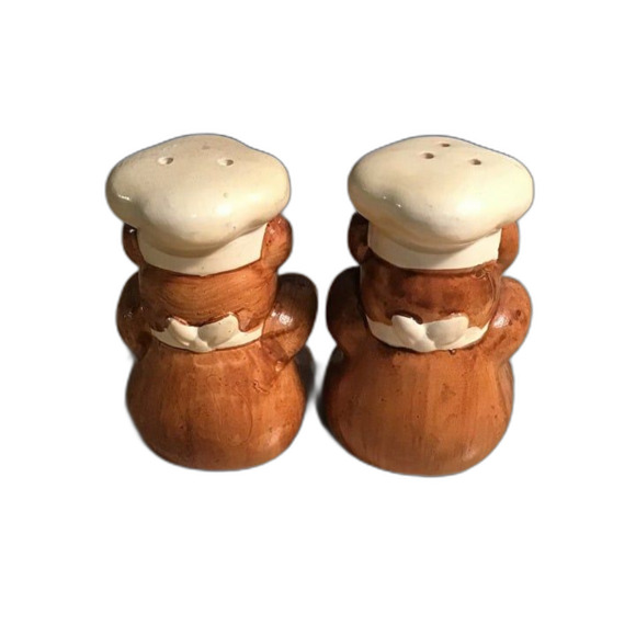 Vintage Salt And Pepper Shaker Set Brown Bears with Aprons Chef Hat And Red Bows - Picture 3 of 6